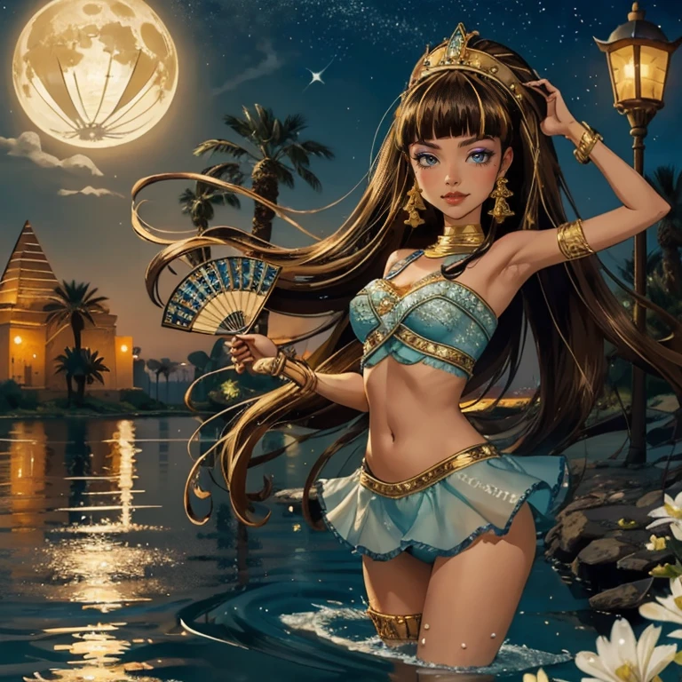 1 girl, lake scenery, seat on the water, white swim suit, gold details on her clothes, brown hair, flowing hair, white flowers on focus, full moon, night, wave hair, crystals, sparkles, firefly, Egyptian aesthetic, smiling, Egypt style, Cleo de Nilo_(monster high), Monster High, holding a fan, lantern, Egypt pyramids in the background, jewel, lake scene, oasis, desert