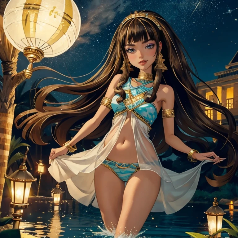 1 girl, lake scenery, seat on the water, white swim suit, gold details on her clothes, brown hair, flowing hair, white flowers on focus, full moon, night, wave hair, crystals, sparkles, firefly, Egyptian aesthetic, smiling, Egypt style, Cleo de Nilo_(monster high), Monster High, holding a fan, lantern, Egypt pyramids in the background, jewel, lake scene, oasis, desert
