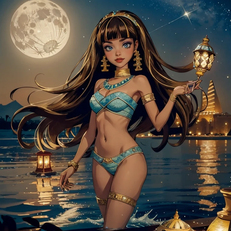 1 girl, lake scenery, seat on the water, white swim suit, gold details on her clothes, brown hair, flowing hair, white flowers on focus, full moon, night, wave hair, crystals, sparkles, firefly, Egyptian aesthetic, smiling, Egypt style, Cleo de Nilo_(monster high), Monster High, holding a fan, lantern, Egypt pyramids in the background, jewel, lake scene, oasis, desert