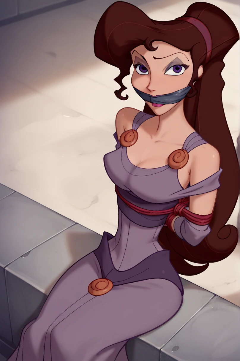 score_9,score_8_up,score_7_up,score_6_up, source_cartoon, BREAK, 1girl, disney, megara, brown hair, purple eyes, purple dress, tied up with gray rope around her torso and waist, arms to her sides, shoulders shrugged, gray OTM gagged, sitting on her knees, looking at viewer