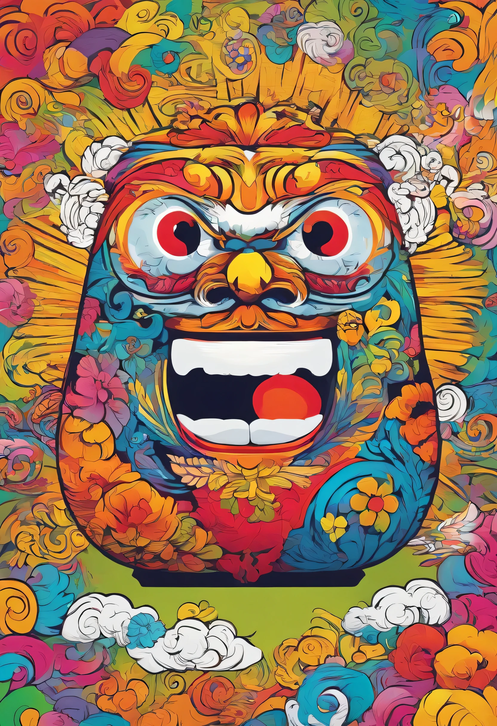 Japanese lucky charms、Illustration of a Daruma figurine. It has a design that looks like it was drawn in one stroke, like calligraphy. The Daruma figurine is painted in rainbow colors with a gradation.、Smiling。
To the viewer、A gorgeous design that brings happiness. A very cool, chic and modern design. The background is white 4K.
