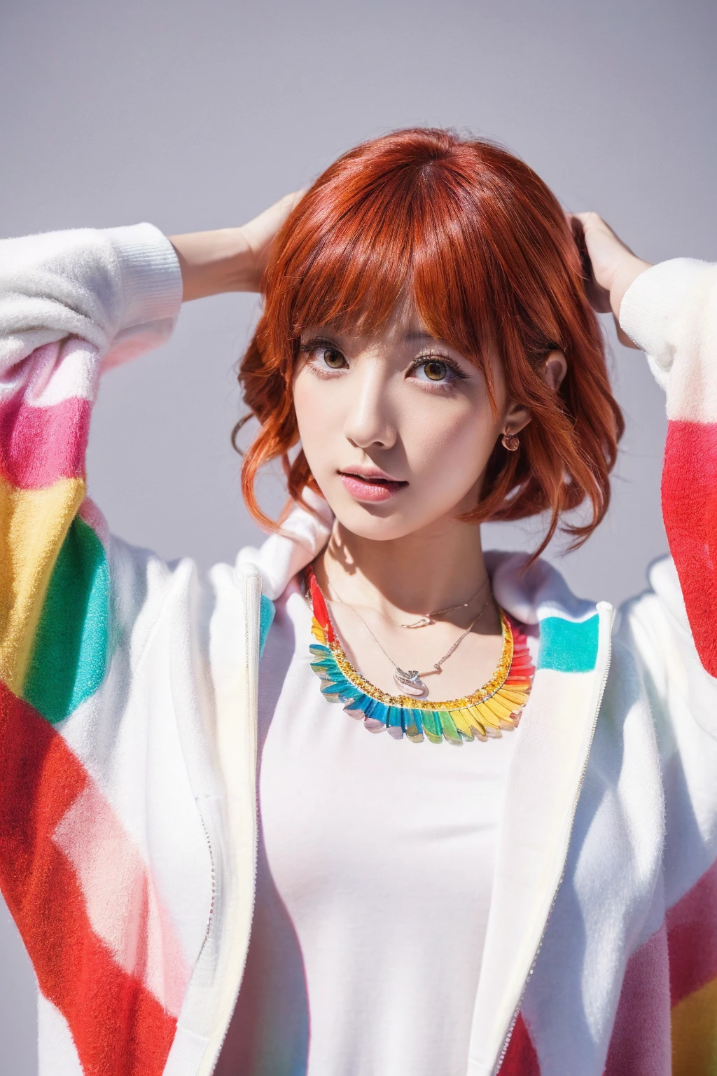 (Highest quality, 8K, 32k, masterpiece, Ultra-high resolution:1.2),Beautiful Japanese Women Photos, Rainbow clothes、Rainbow hoodie、Large , Very short bob hair,Red hair, necklace, Simple Background, From above, View your viewers、Rainbow Hair、White background、peace sign、Pause.Colorful clothes、White background、Colorful hair、White background