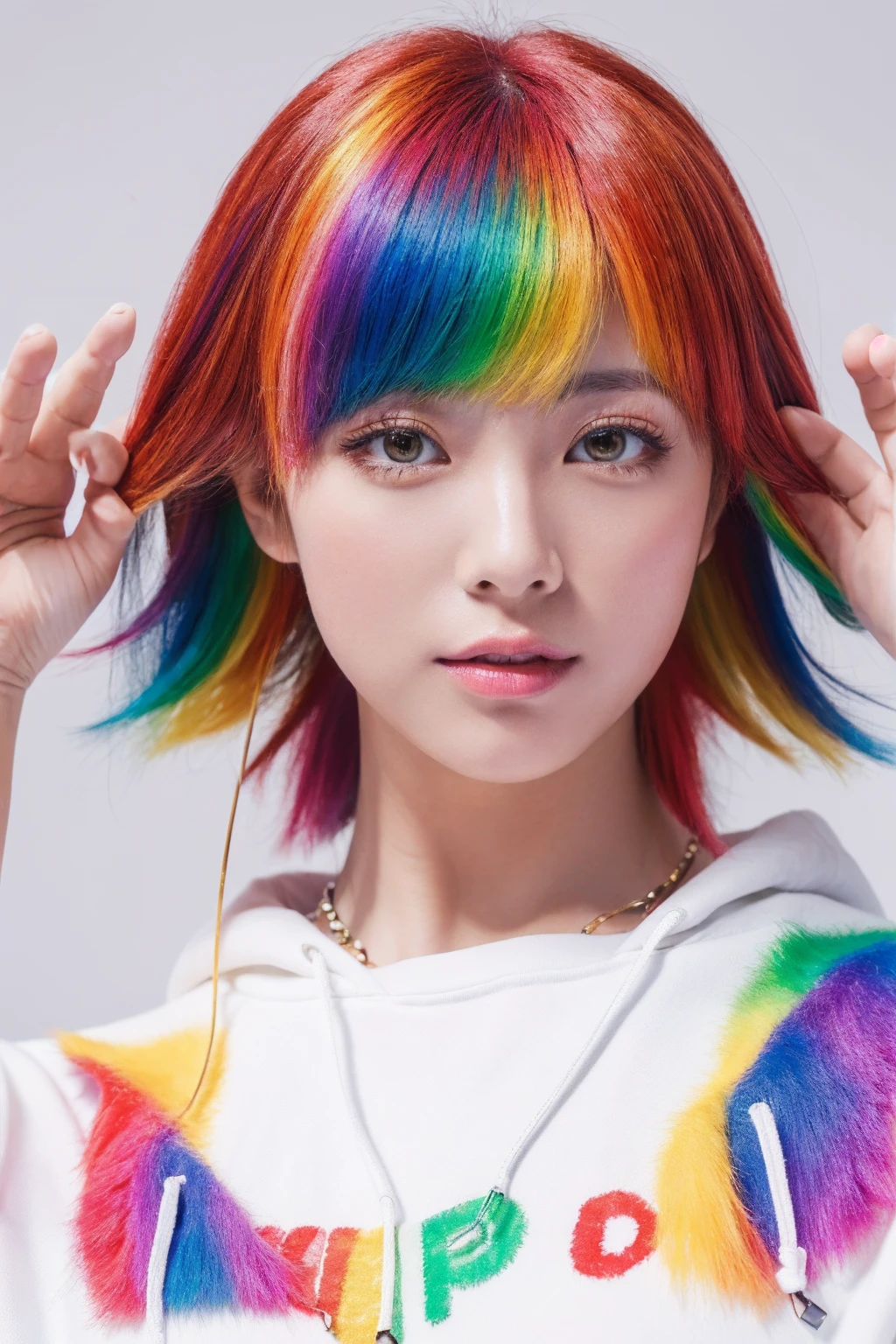 (Highest quality, 8K, 32k, masterpiece, Ultra-high resolution:1.2),Beautiful Japanese Women Photos, Rainbow clothes、Rainbow hoodie、Large Breasts, Very short bob hair,Red hair, necklace, Simple Background, From above, View your viewers、Rainbow Hair、White background、peace sign、Pause.Colorful clothes、White background、Colorful hair、White background