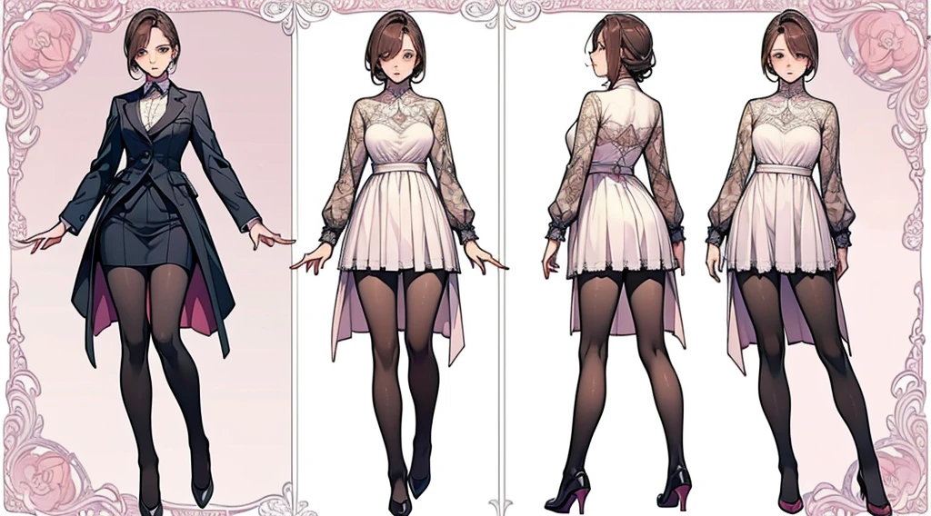 ((masterpiece, Highest quality)), Detailed face, Character design sheet，Full Body Lesbian, Perfect Proportions，Full of details, Various poses and expressions, Very detailed, depth, Many parts，Beautiful teenage girl，suit，Lace pantyhose，Pale pink eyeagnificent and elaborate character art，Natural light