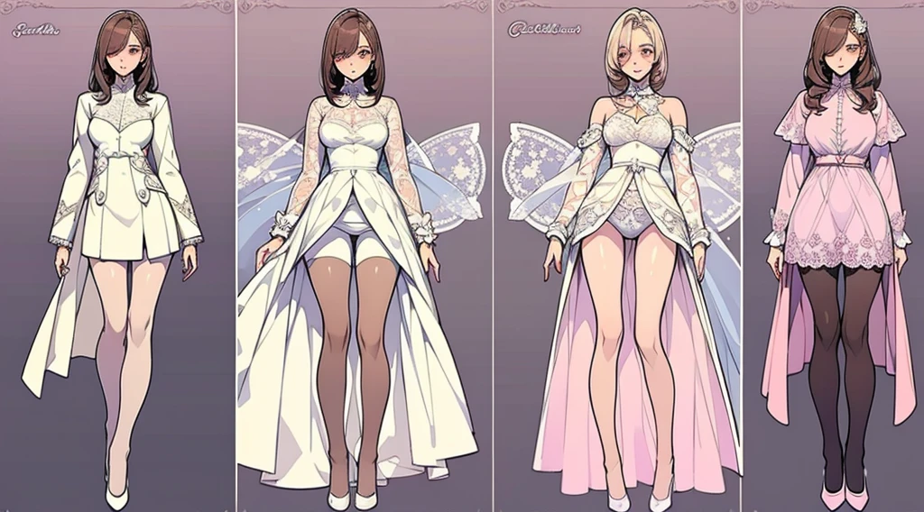 ((masterpiece, Highest quality)), Detailed face, Character design sheet,Full Body Lesbian, Perfect Proportions,Full of details, Various poses and expressions, Very detailed, depth, Many parts,Beautiful age girl,suit,Lace pantyhose,Pale pink eyeagnificent and elaborate character art,Natural light