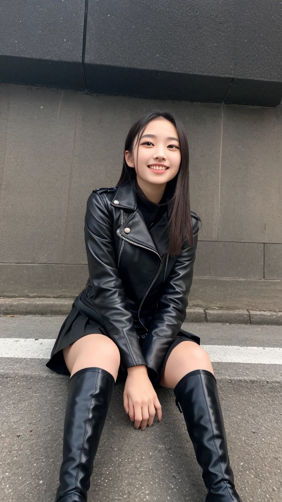 photo Realistic, masutepiece, Realistic, High contrast, Best Quality, 超A high resolution, photo Realistic, High resolution, Raw photo, Japanese Junior High School Girl, Long hair, Black leather jacket, Long sleeves, Black super mini skirt, Pleated skirt, (((black knee high boots))), Street, Sitting on the road, Looking at Viewer, (((From below))), Busy city, (Pose Seductive), Looking at Viewer, japanaese girl, Smile,