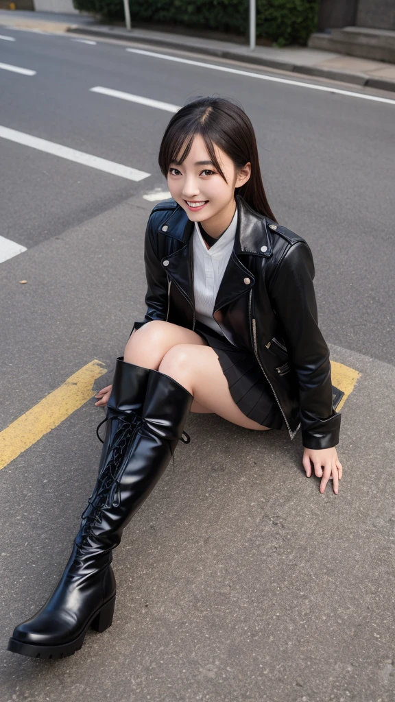 photo Realistic, masutepiece, Realistic, High contrast, Best Quality, 超A high resolution, photo Realistic, High resolution, Raw photo, Japanese Junior High School Girl, Long hair, Black leather jacket, Long sleeves, Black super mini skirt, Pleated skirt, (((black knee high boots))), Street, Sitting on the road, Looking at Viewer, (((From below))), Busy city, (Pose Seductive), Looking at Viewer, japanaese girl, Smile,