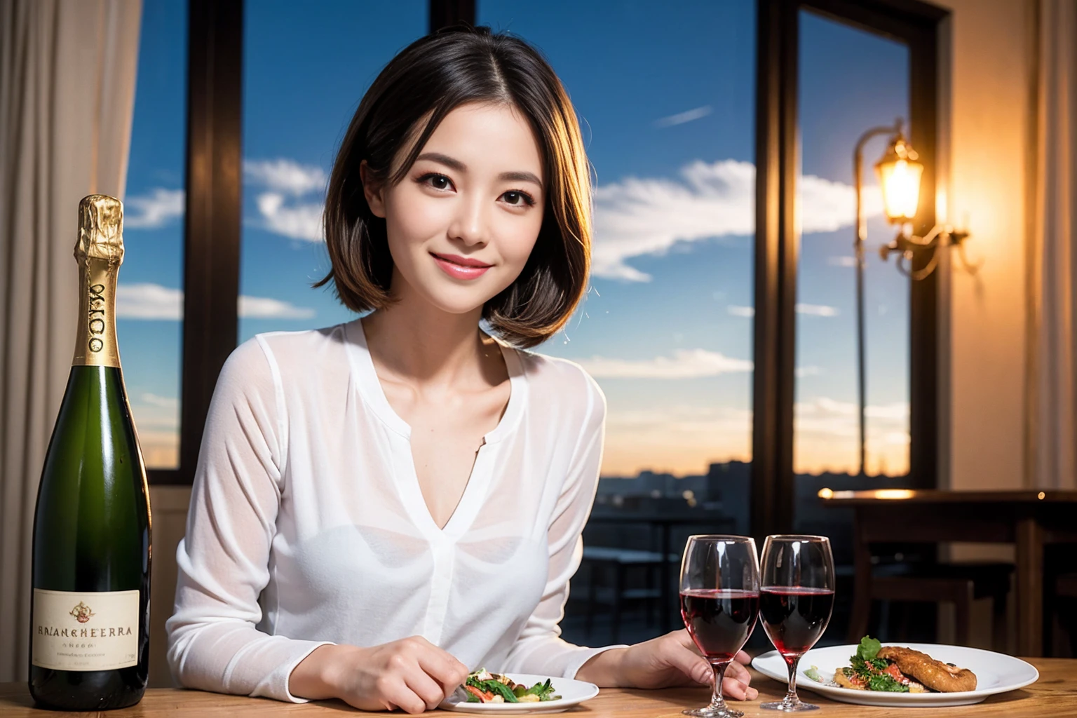((Highest quality、8K、masterpiece:1.3))、slimカップル、modelカップル、(Realistic, Intricate details:1.2), full-course dinner、Wine Party、Amazing view of the sunset sky and clouds、A bright smile、The wonderfulness of smile、Bright image、The beauty of wine, Beautiful Face, blue eyes, The light shines on your face, Blushing, short hair,Bright Face、 (Age 37), 39 years old, red wine 、Appetizers、Italian food、Wine bottle、Champagne、sparkling wine、Two beauties、Brown Hair、Shortcuts、Long sleeve shirt、dress、Beautiful woman 1, (slimな顔), (The body is slim), (Brown Hair), (Shortcuts), cheeks turn a little red,Attractive beauty、restaurant, In a prominent place (From the waist up) Nova Frog Style, actress, model, Upper Body, White wine, slim, wine glass, 中央に置かれたwine glass, smile, (smile: 1.15), Beautiful fine grain, Depth f/2,saturation, High Contrast, Strong light and shadow,Moist Body:1.5、3D texture、Delicate eyes、Brown Hair、The hair is very shiny、