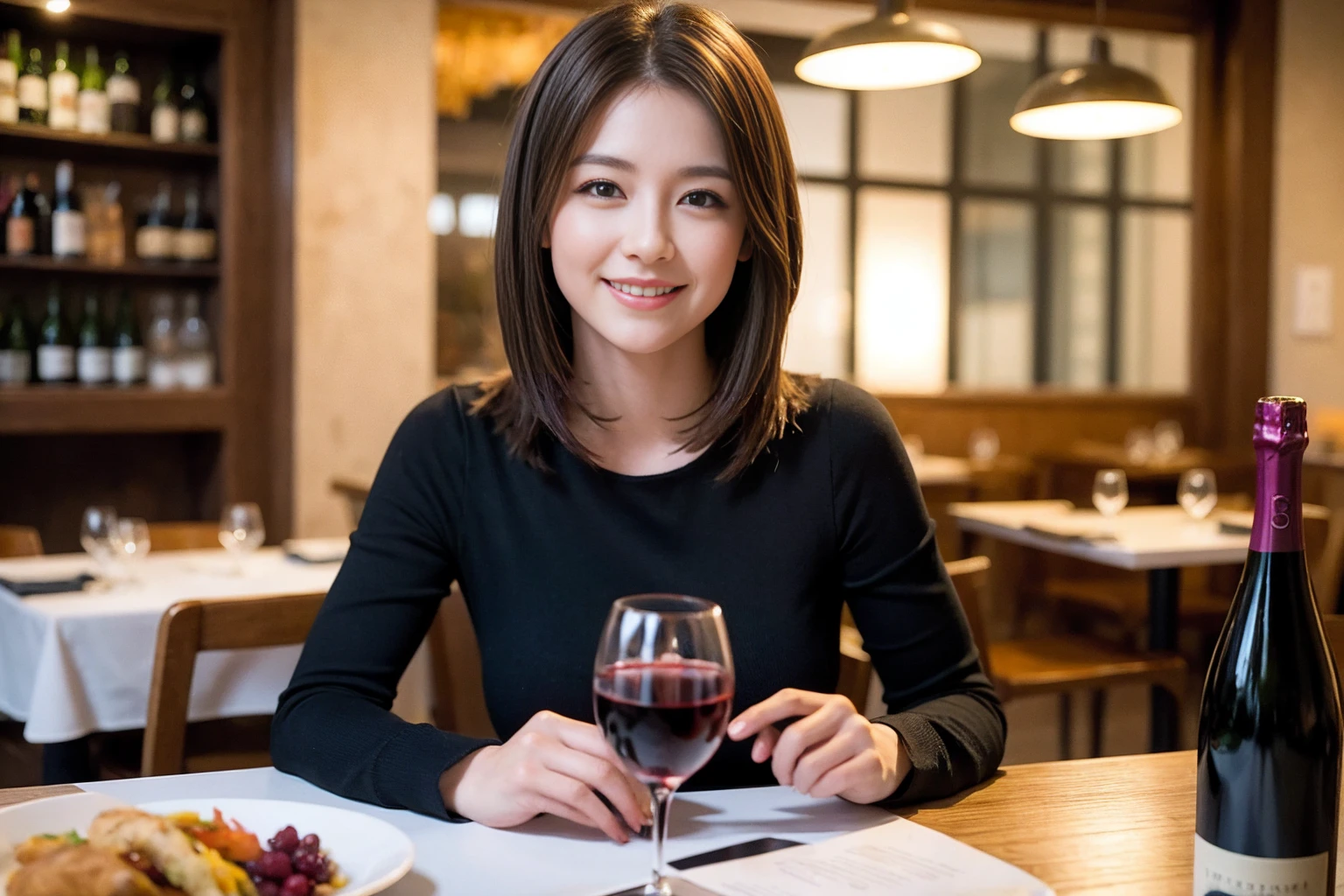 ((Highest quality、8K、masterpiece:1.3))、slimカップル、modelカップル、(Realistic, Intricate details:1.2), full-course dinner、Wine Party、Amazing view of the sunset sky and clouds、A bright smile、The wonderfulness of smile、Bright image、The beauty of wine, Beautiful Face, blue eyes, The light shines on your face, Blushing, short hair,Bright Face、 (Age 37), 39 years old, red wine 、Appetizers、Italian food、Wine bottle、Champagne、sparkling wine、Two beauties、Brown Hair、Shortcuts、Long sleeve shirt、dress、Beautiful woman 1, (slimな顔), (The body is slim), (Brown Hair), (Shortcuts), cheeks turn a little red,Attractive beauty、restaurant, In a prominent place (From the waist up) Nova Frog Style, actress, model, Upper Body, White wine, slim, wine glass, 中央に置かれたwine glass, smile, (smile: 1.15), Beautiful fine grain, Depth f/2,saturation, High Contrast, Strong light and shadow,Moist Body:1.5、3D texture、Delicate eyes、Brown Hair、The hair is very shiny、