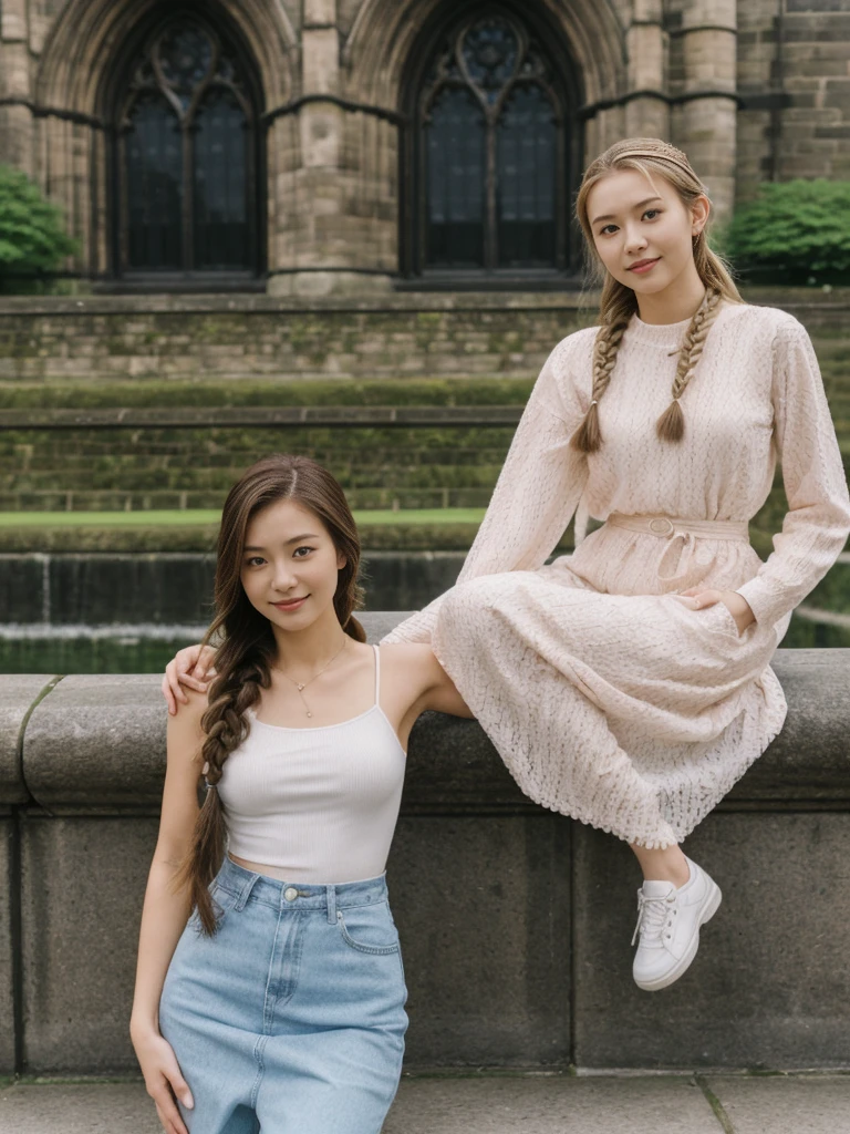 her name is Asako, high quality, 1girl, ((20-year-old fit Caucasian woman)), ((20 years old)), ((slim)), ((Fishtail Braid hair)), pose: standing, wearing aesthetic Generation-Z modern wear colored, BACKGROUND:"At the Princes Street Gardens, with views of the Scott Monument and Edinburgh Castle."