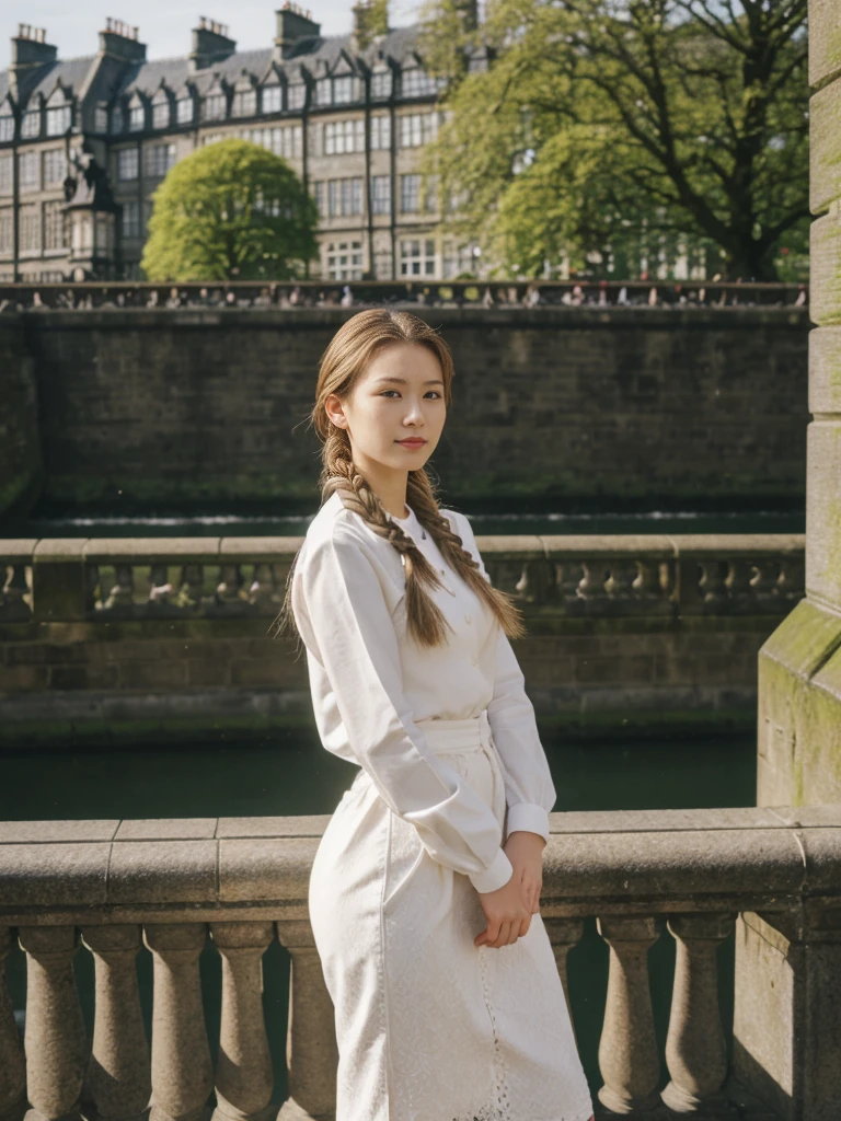 her name is Asako, high quality, 1girl, ((20-year-old fit Caucasian woman)), ((20 years old)), ((slim)), ((Fishtail Braid hair)), pose: standing, wearing aesthetic Generation-Z modern wear colored, BACKGROUND:"At the Princes Street Gardens, with views of the Scott Monument and Edinburgh Castle."