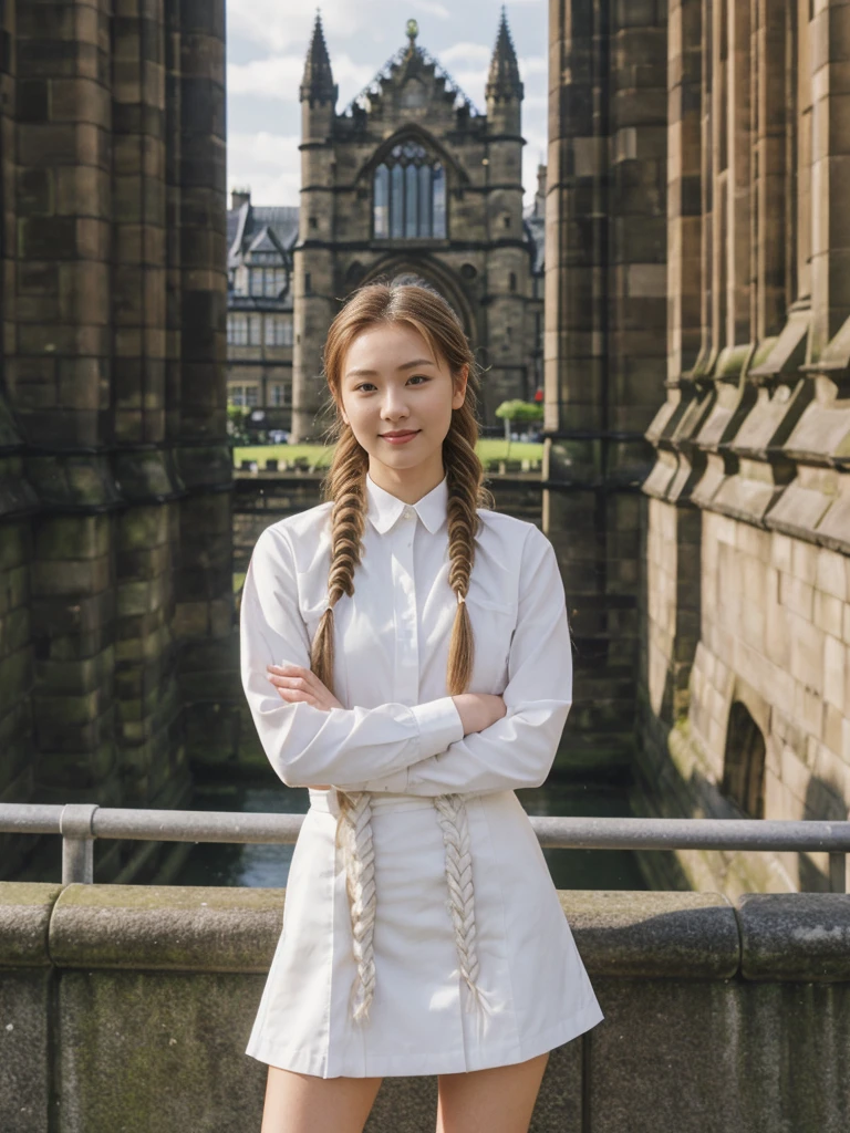 her name is Asako, high quality, 1girl, ((20-year-old fit Caucasian woman)), ((20 years old)), ((slim)), ((Fishtail Braid hair)), pose: standing, wearing aesthetic Generation-Z modern wear colored, BACKGROUND:"At the Princes Street Gardens, with views of the Scott Monument and Edinburgh Castle."