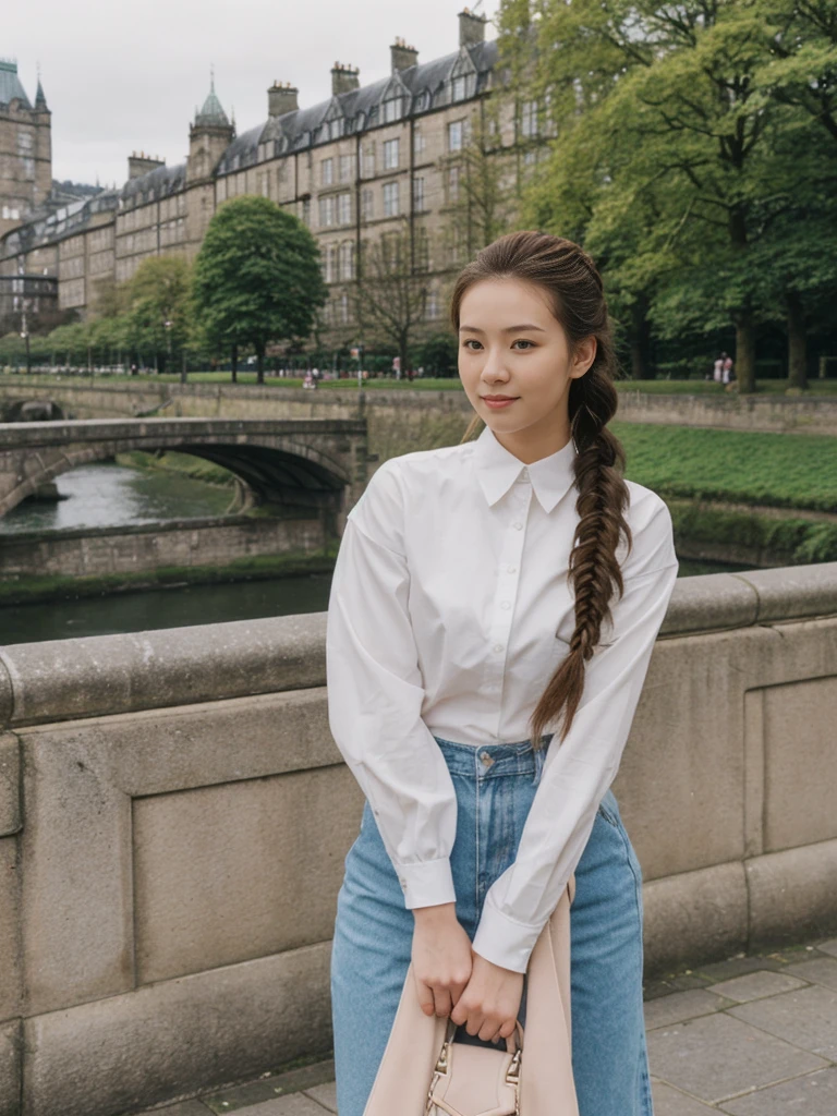 her name is Asako, high quality, 1girl, ((20-year-old fit Caucasian woman)), ((20 years old)), ((slim)), ((Fishtail Braid hair)), pose: standing, wearing aesthetic Generation-Z modern wear colored, BACKGROUND:"At the Princes Street Gardens, with views of the Scott Monument and Edinburgh Castle."