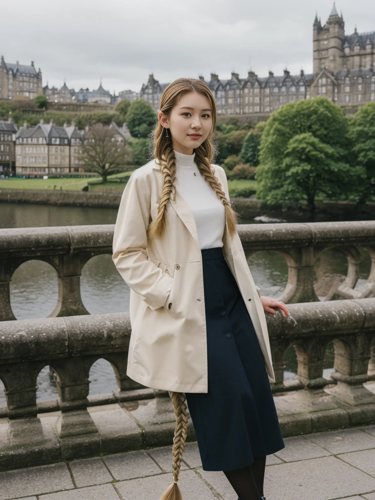 her name is Asako, high quality, 1girl, ((20-year-old fit Caucasian woman)), ((20 years old)), ((slim)), ((Fishtail Braid hair)), pose: standing, wearing aesthetic Generation-Z modern wear colored, BACKGROUND:"At the Princes Street Gardens, with views of the Scott Monument and Edinburgh Castle."