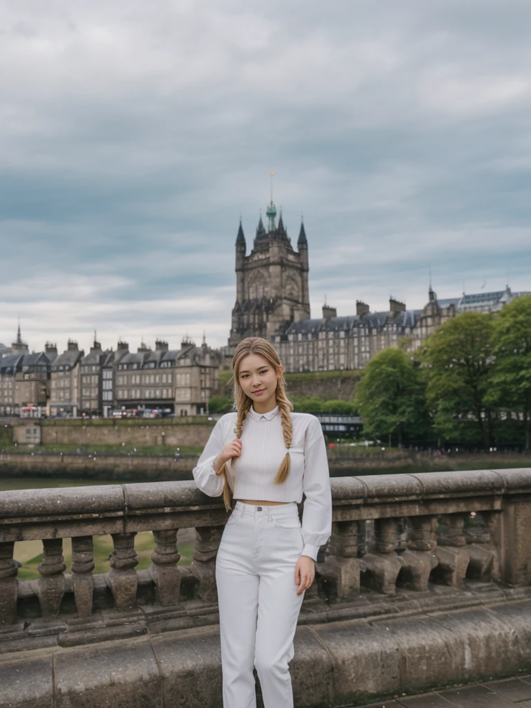 her name is Asako, high quality, 1girl, ((20-year-old fit Caucasian woman)), ((20 years old)), ((slim)), ((Fishtail Braid hair)), pose: standing, wearing aesthetic Generation-Z modern wear colored, BACKGROUND:"At the Princes Street Gardens, with views of the Scott Monument and Edinburgh Castle."