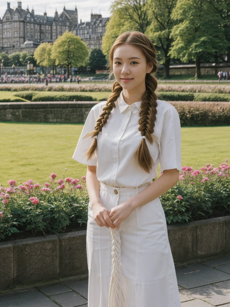 her name is Asako, high quality, 1girl, ((20-year-old fit Caucasian woman)), ((20 years old)), ((slim)), ((Fishtail Braid hair)), pose: standing, wearing aesthetic Generation-Z modern wear colored, BACKGROUND:"At the Princes Street Gardens, with views of the Scott Monument and Edinburgh Castle."