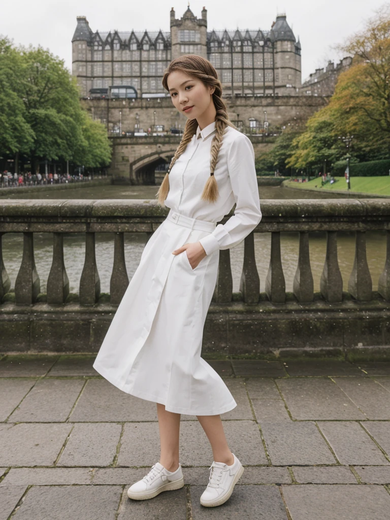 her name is Asako, high quality, 1girl, ((20-year-old fit Caucasian woman)), ((20 years old)), ((slim)), ((Fishtail Braid hair)), pose: standing, wearing aesthetic Generation-Z modern wear colored, BACKGROUND:"At the Princes Street Gardens, with views of the Scott Monument and Edinburgh Castle."