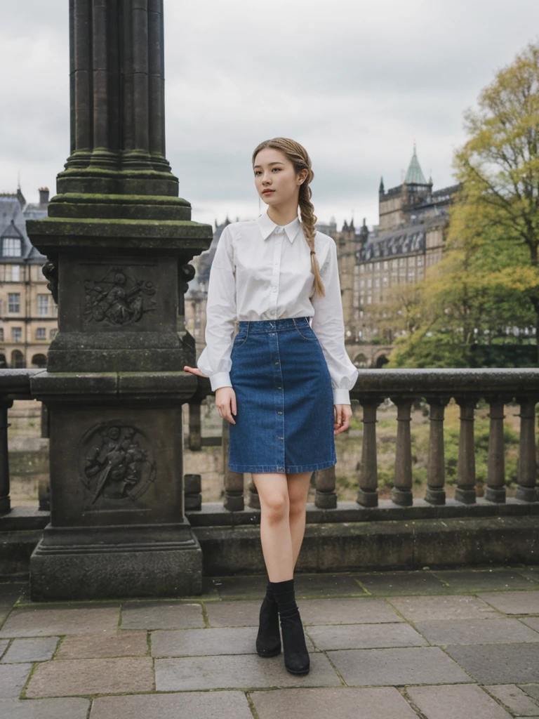 her name is Asako, high quality, 1girl, ((20-year-old fit Caucasian woman)), ((20 years old)), ((slim)), ((Fishtail Braid hair)), pose: standing, wearing aesthetic Generation-Z modern wear colored, BACKGROUND:"At the Princes Street Gardens, with views of the Scott Monument and Edinburgh Castle."