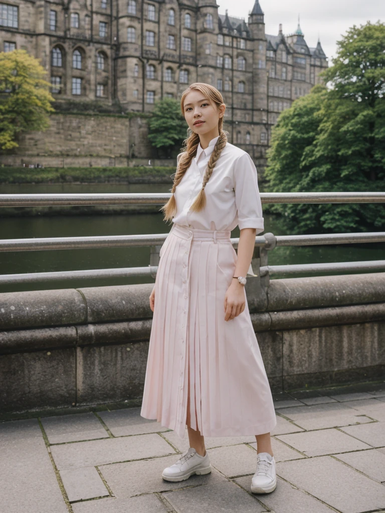 her name is Asako, high quality, 1girl, ((20-year-old fit Caucasian woman)), ((20 years old)), ((slim)), ((Fishtail Braid hair)), pose: standing, wearing aesthetic Generation-Z modern wear colored, BACKGROUND:"At the Princes Street Gardens, with views of the Scott Monument and Edinburgh Castle."