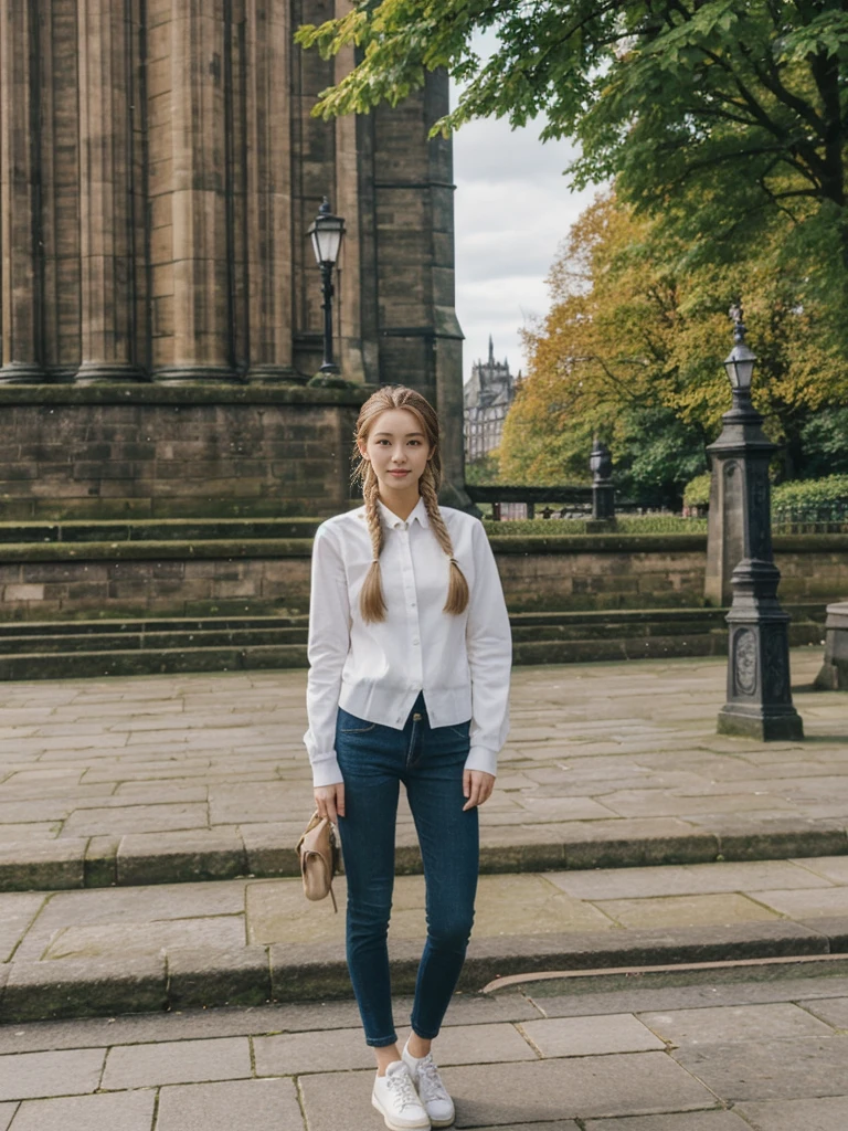 her name is Asako, high quality, 1girl, ((20-year-old fit Caucasian woman)), ((20 years old)), ((slim)), ((Fishtail Braid hair)), pose: standing, wearing aesthetic Generation-Z modern wear colored, BACKGROUND:"At the Princes Street Gardens, with views of the Scott Monument and Edinburgh Castle."