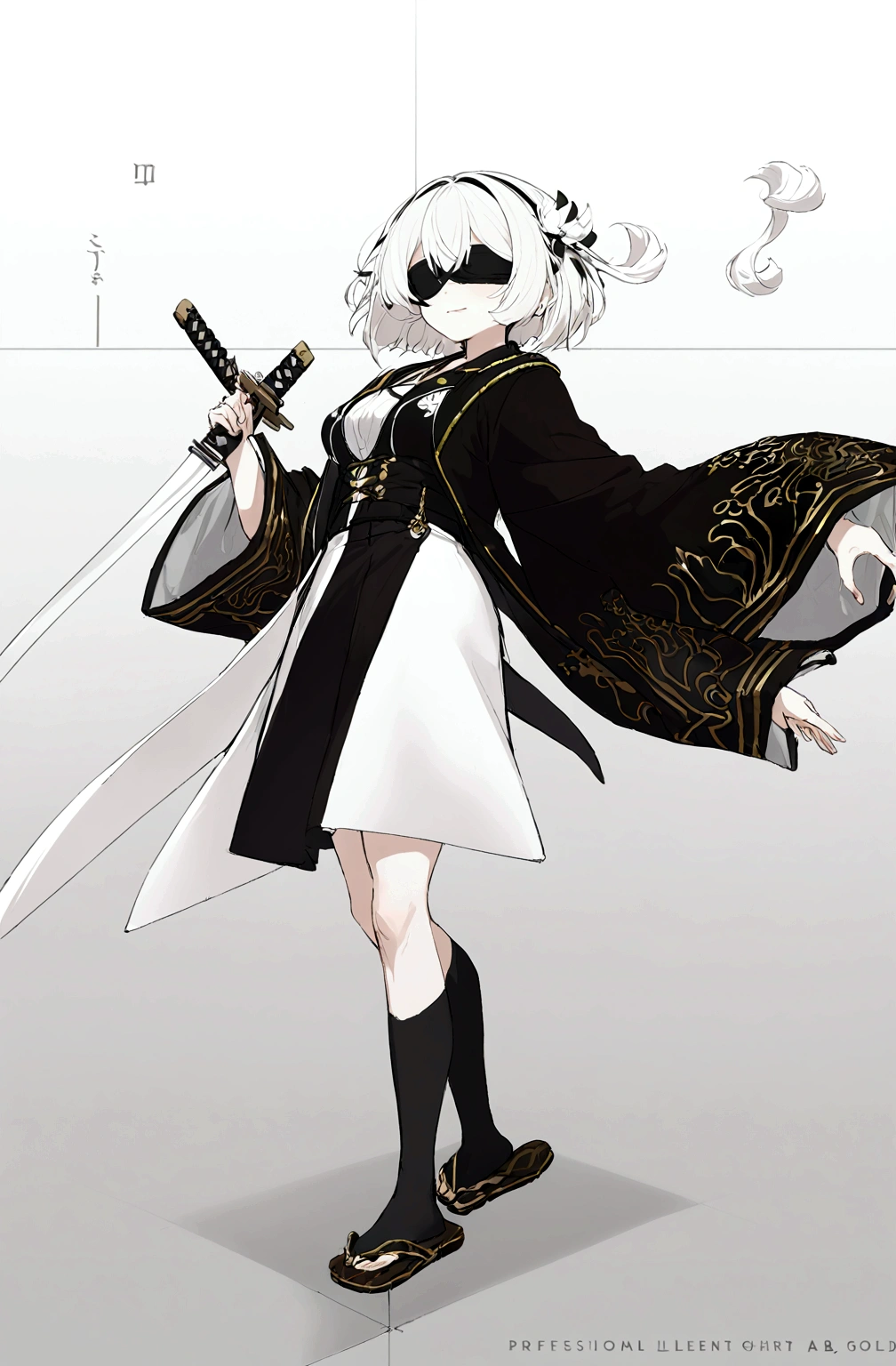 short hair, sky blue, with a black blindfold in a black suit with a black skirt and sweatshirt, a long vest with wide sleeves and gold details and black socks and wooden flip flops and also a katana with gold details