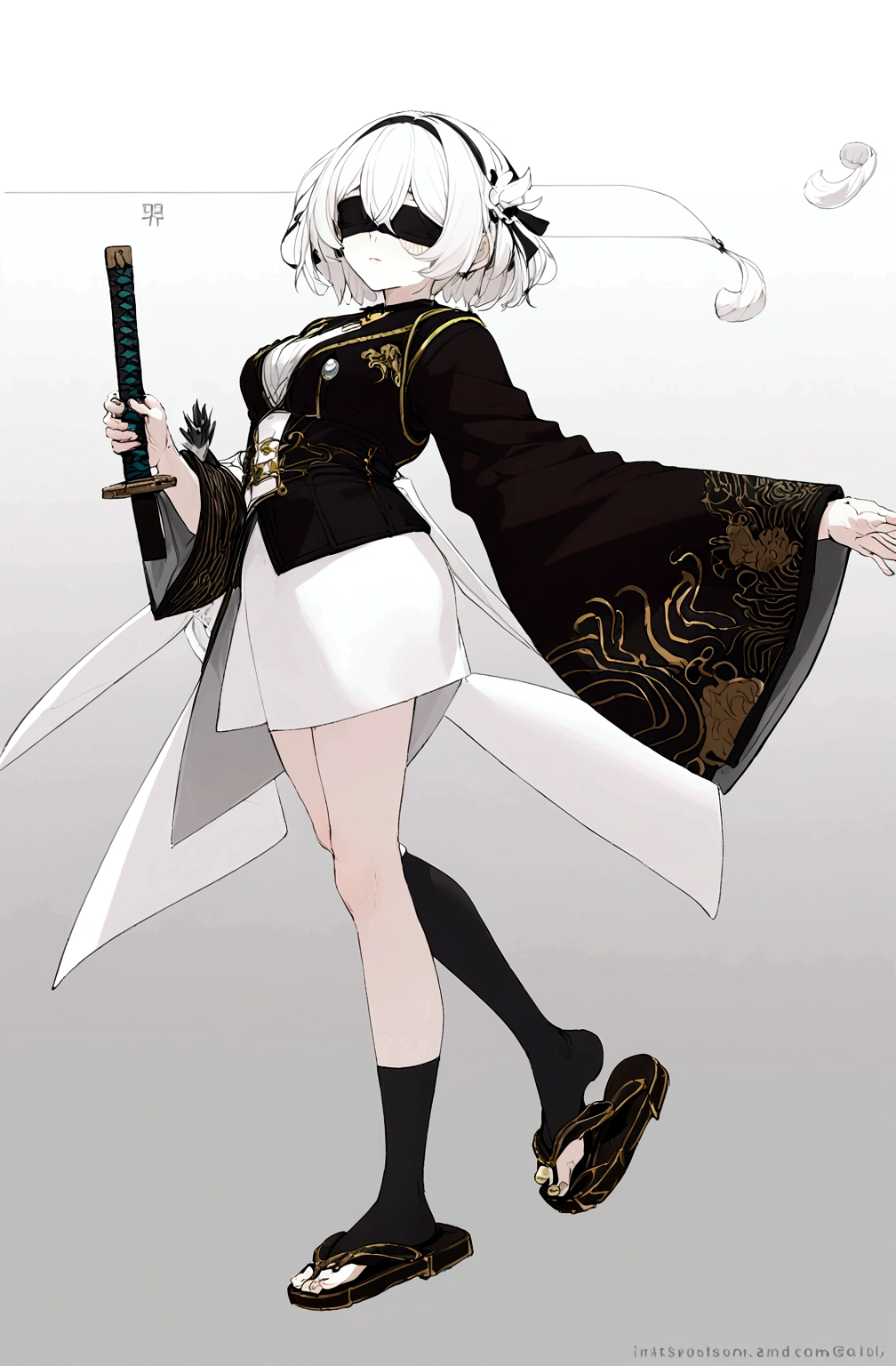 short hair, sky blue, with a black blindfold in a black suit with a black skirt and sweatshirt, a long vest with wide sleeves and gold details and black socks and wooden flip flops and also a katana with gold details 