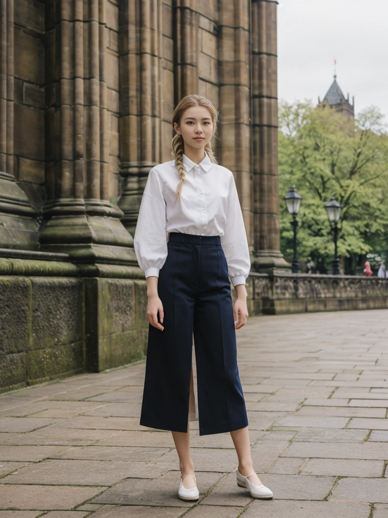 her name is Asako, high quality, 1girl, ((20-year-old fit Caucasian woman)), ((20 years old)), ((slim)), ((Fishtail Braid hair)), pose: standing, wearing aesthetic Generation-Z modern wear colored, BACKGROUND:"At the Princes Street Gardens, with views of the Scott Monument and Edinburgh Castle."