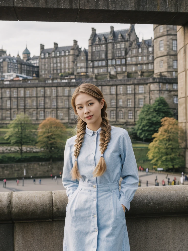 her name is Asako, high quality, 1girl, ((20-year-old fit Caucasian woman)), ((20 years old)), ((slim)), ((Fishtail Braid hair)), pose: standing, wearing aesthetic Generation-Z modern wear colored, BACKGROUND:"At the Princes Street Gardens, with views of the Scott Monument and Edinburgh Castle."