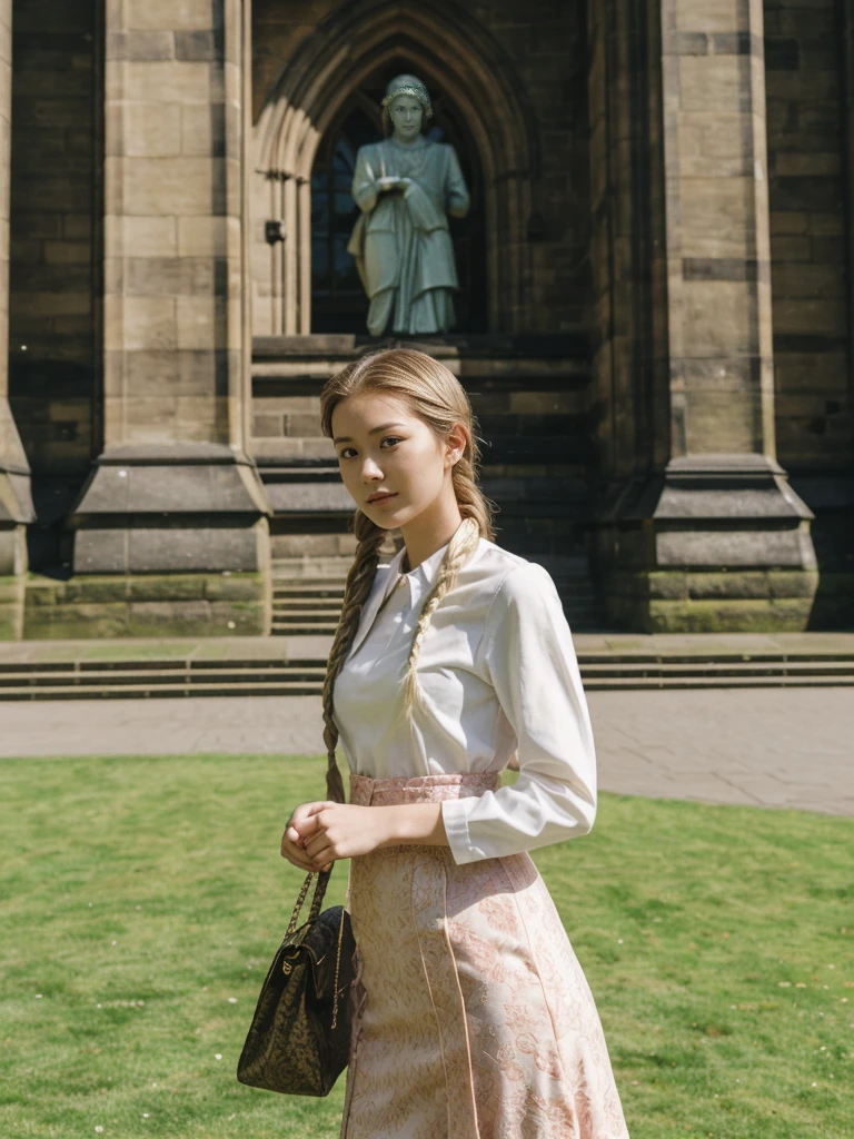 her name is Asako, high quality, 1girl, ((20-year-old fit Caucasian woman)), ((20 years old)), ((slim)), ((Fishtail Braid hair)), pose: standing, wearing aesthetic Generation-Z modern wear colored, BACKGROUND:"At the Princes Street Gardens, with views of the Scott Monument and Edinburgh Castle."