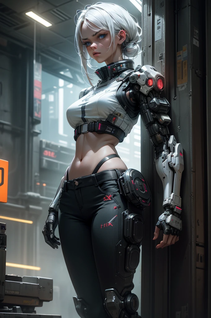 1 girl, detailed white hair, piercing blue eyes, high-tech bra, exposed midriff, left battle-ready arm, right human arm, pants, high-tech sneakers, serious pose, mecha robot background, (best quality,4k,8k,highres,masterpiece:1.2),ultra-detailed,(realistic,photorealistic,photo-realistic:1.37),digital art, cyberpunk, hyper detailed, cinematic lighting, dramatic colors
