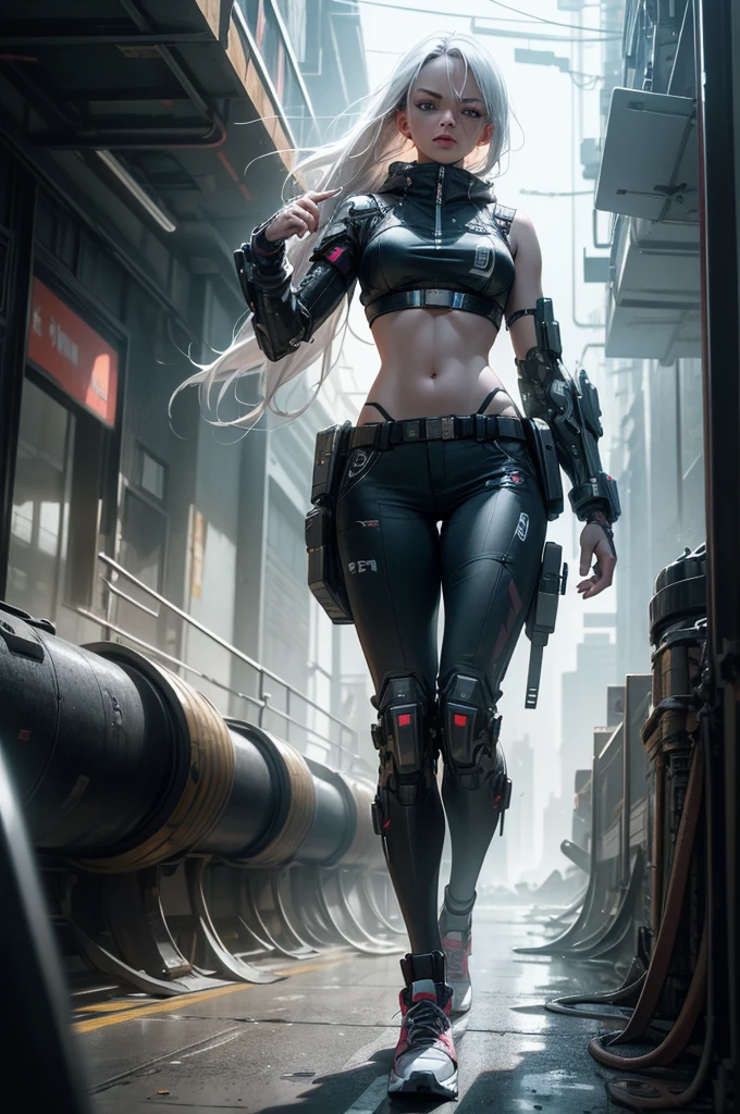 1 girl, detailed white hair, piercing blue eyes, high-tech bra, exposed midriff, left battle-ready arm, right human arm, pants, high-tech sneakers, serious pose, mecha robot background, (best quality,4k,8k,highres,masterpiece:1.2),ultra-detailed,(realistic,photorealistic,photo-realistic:1.37),digital art, cyberpunk, hyper detailed, cinematic lighting, dramatic colors