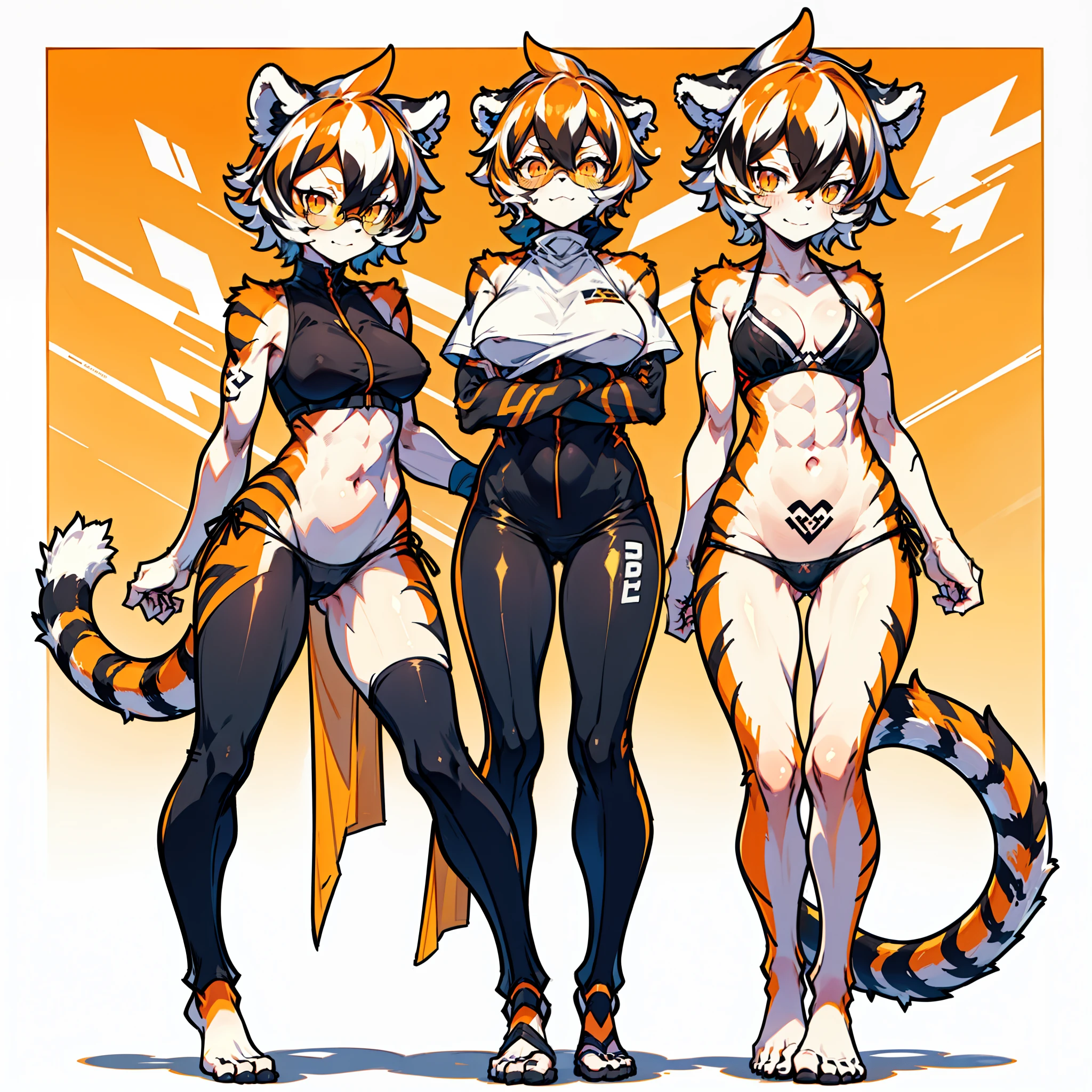 white background, full body, solo, 1girl, Standing, heading up, proud, young girl, animal ears, arknights, white hair, black hair, round eyewear, glasses, OPPEIN, short hair, large breasts, muscle, tail, orange eyes, orange hair, multicolored hair, tiger girl, furry female, hair ween eyes, tiger_ears, tiger_tail, waai_fu, orange-tinted_eyewear, tinted_eyewear, Sophorae, ワイフー, waai_fu_arknights, tattoo, petite, neck tattoo, big breasts, stomach tattoo, bra, panties, evil smile, Shadows under feet, text, Abdominal muscles,nsf