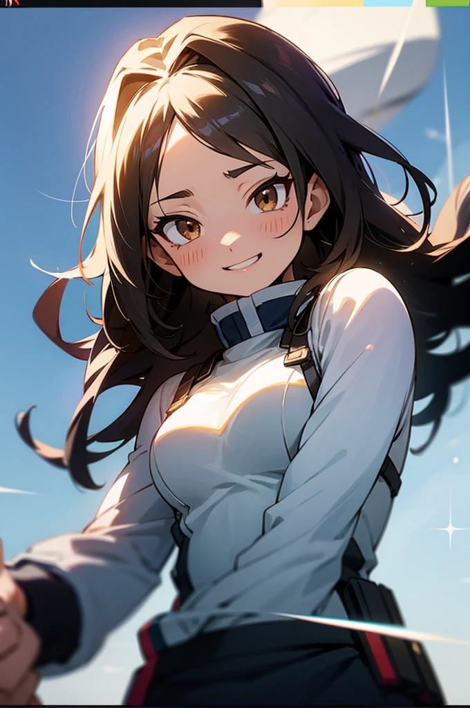 Screenshot Boku no Hero Academia.white skin woman,clear brown eyes,not very long wavy black hair with some blonde highlights and bangs.Her Beauty is unreal and she has a perfect body. He wears the UA uniform and has a happy expression.