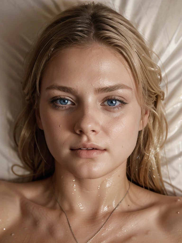 A beautiful blonde with blue eyes and straight, wet hair, the camera must focus on his imposing face, perfect body with white lingerie, she is lying face down on her bed,the scene must be cinematic type in a warm and sensual environment, high resolution image