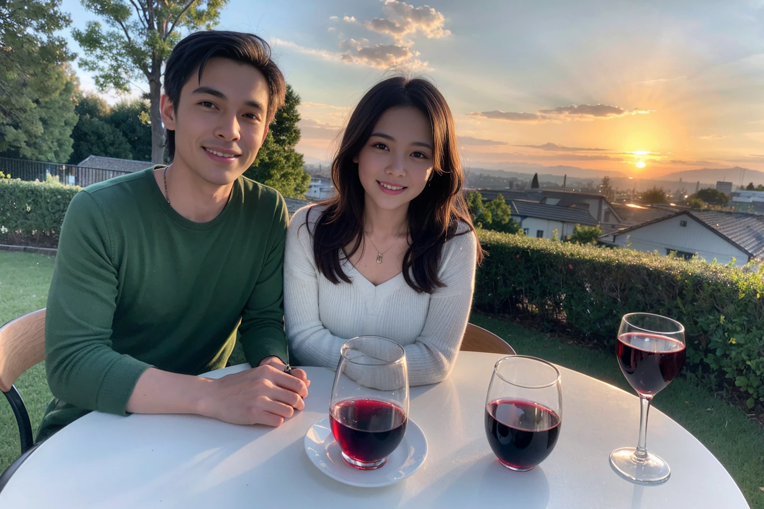 ((Highest quality、、masterpiece:1.3))、1 male、1 female、42 years old 39 years old、Slim Beauty、Beautiful couple、Upper Body、smile、 (Slim face), (the body is スリム), (Brown Hair), (Shortcuts), テーブルのフルコースディナーとwine glass、Amazing view of the sunset sky and clouds、smileの美しさ、Wine bottle、sparkling wine、Long sleeve shirt、dress、White wine, red wine, wine glass, Beautiful fine grain, Depth f/2,saturation, High Contrast, Strong light and shadow,Moist Body:1.5、3D texture、The hair is very shiny、