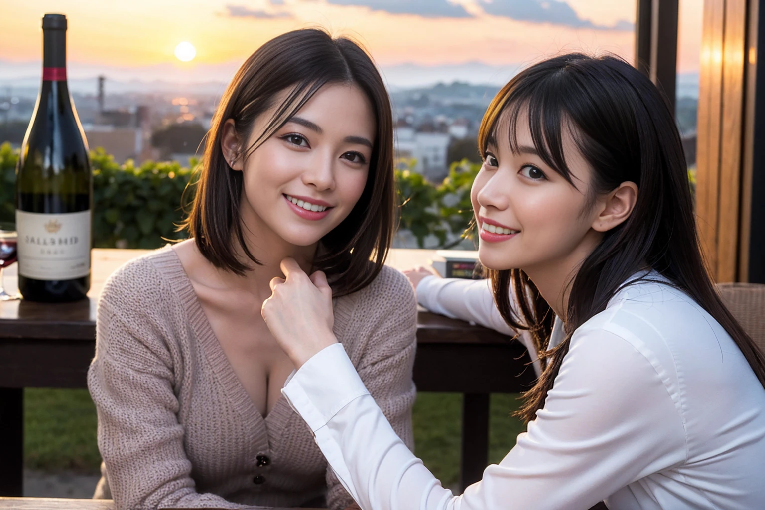 ((Highest quality、、masterpiece:1.3))、1 male、1 female、42 years old 39 years old、Slim Beauty、Beautiful couple、Upper Body、smile、 (Slim face), (the body is スリム), (Brown Hair), (Shortcuts), テーブルのフルコースディナーとwine glass、Amazing view of the sunset sky and clouds、smileの美しさ、Wine bottle、sparkling wine、Long sleeve shirt、dress、White wine, red wine, wine glass, Beautiful fine grain, Depth f/2,saturation, High Contrast, Strong light and shadow,Moist Body:1.5、3D texture、The hair is very shiny、