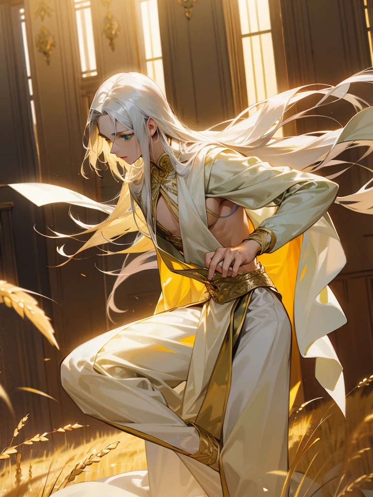 Male dancer, silk clothes, exposed, long silver hair, green eyes, wheat-colored skin, palace.