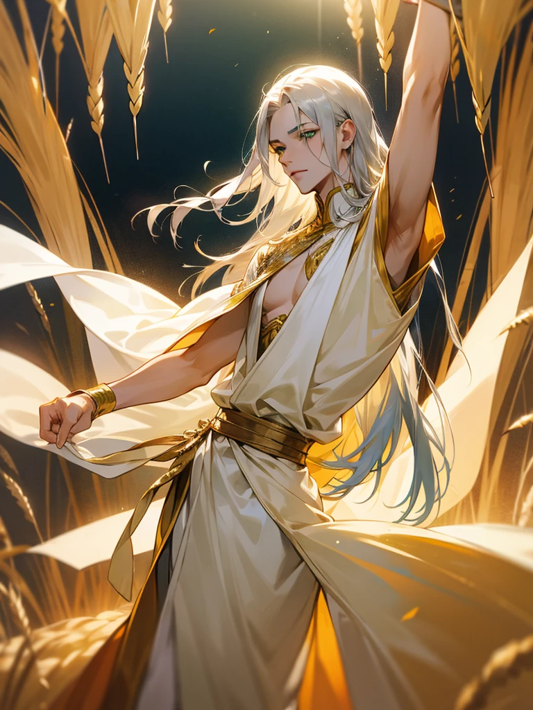 Male dancer, silk clothes, exposed, long silver hair, green eyes, wheat-colored skin, palace.