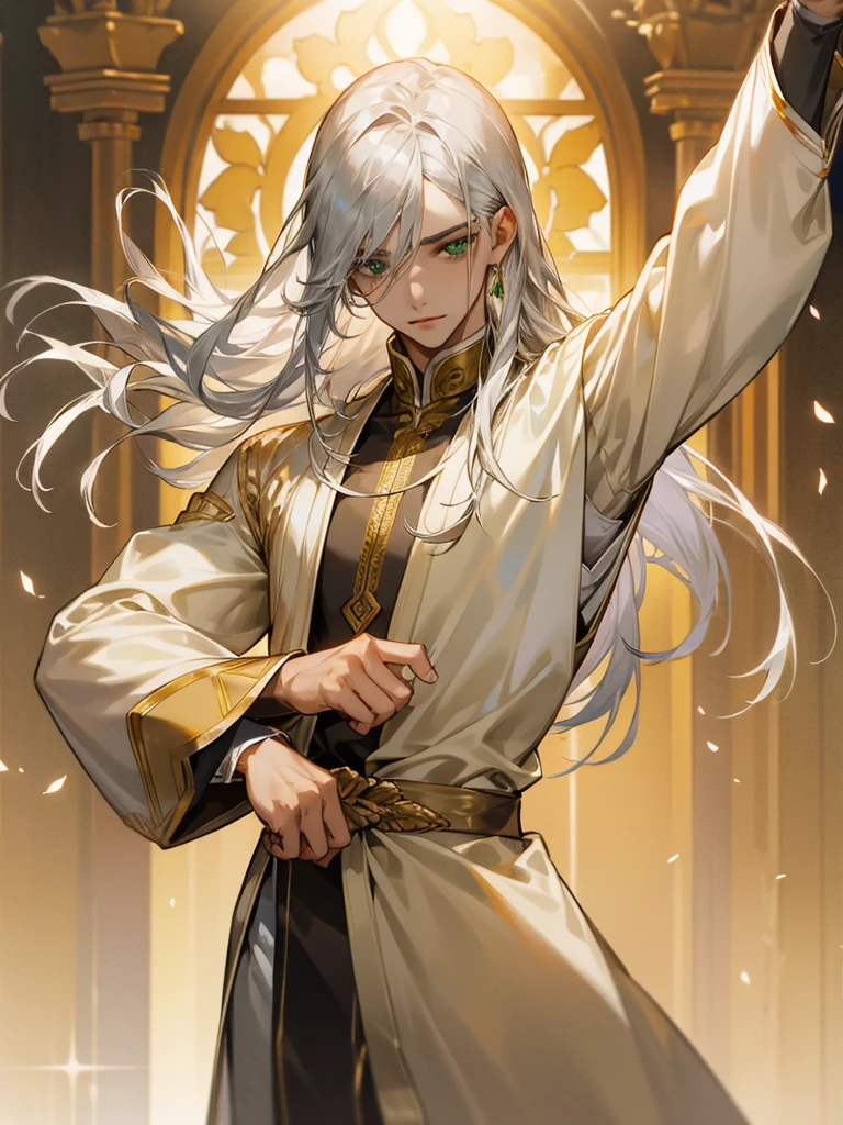 Male dancer, silk clothes, exposed, long silver hair, green eyes, wheat-colored skin, palace.