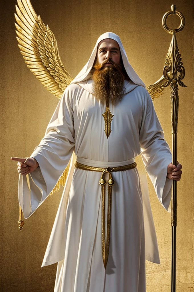 Angel in a white robe, long beard divided into two parts, a golden dawn and a golden staff