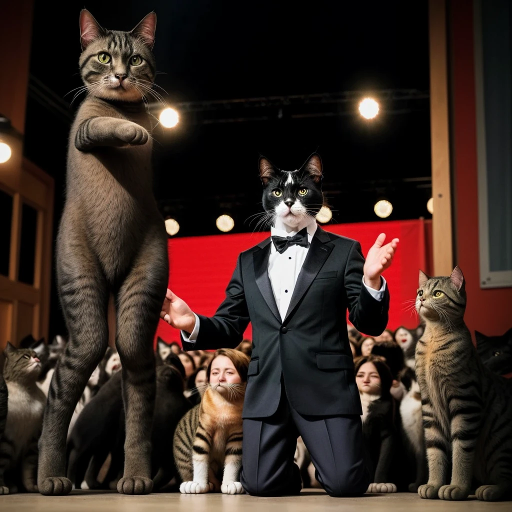 The bipedal cat speaks to a crowd of cats