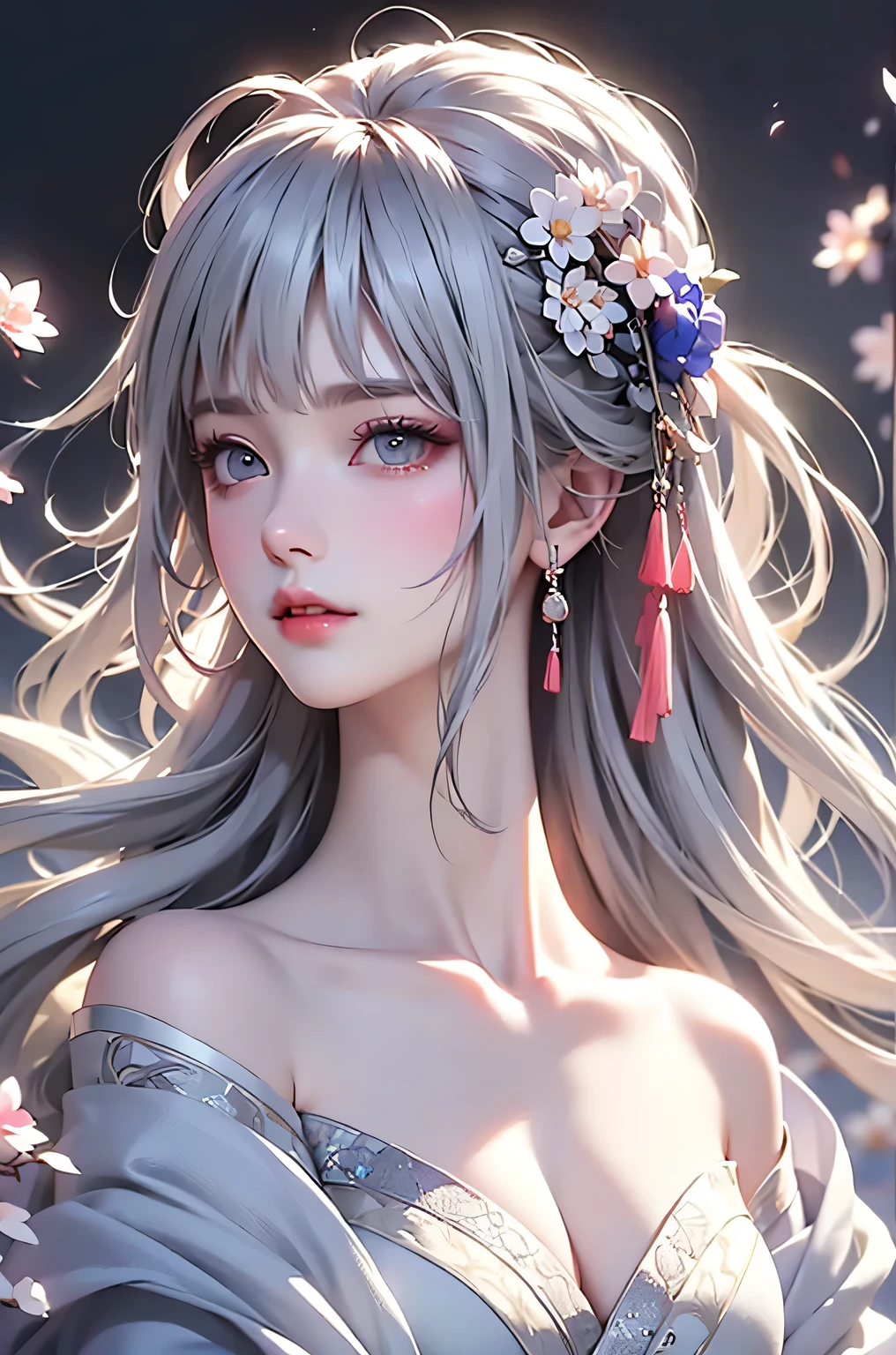 super high quality, masterpiece, Perfect illustration, Very detailed、8k wallpaper, Very detailed (Exquisite light and shadow, Very dramatic photo,Backlight) , ((Gray Hair:1.5))1 Girl, alone, (Wearing classic Hanfu, Royalty、Black Hanfu,Thick fabric,Long sleeve) Flower Field, Flowers, (White smoke:1.3) (Realistic:1.4),  (Dynamic Angle: 1.4), Glowing Skin, (Floating colorful flashes: 1) The most beautiful chaotic shapes, elegant, Brutalist Design, Bright colors, Romantic Depth of Field Exotic_dance, half_naked、((Off the shoulder、Medium Chest、Beautiful cleavage、Touching lips))