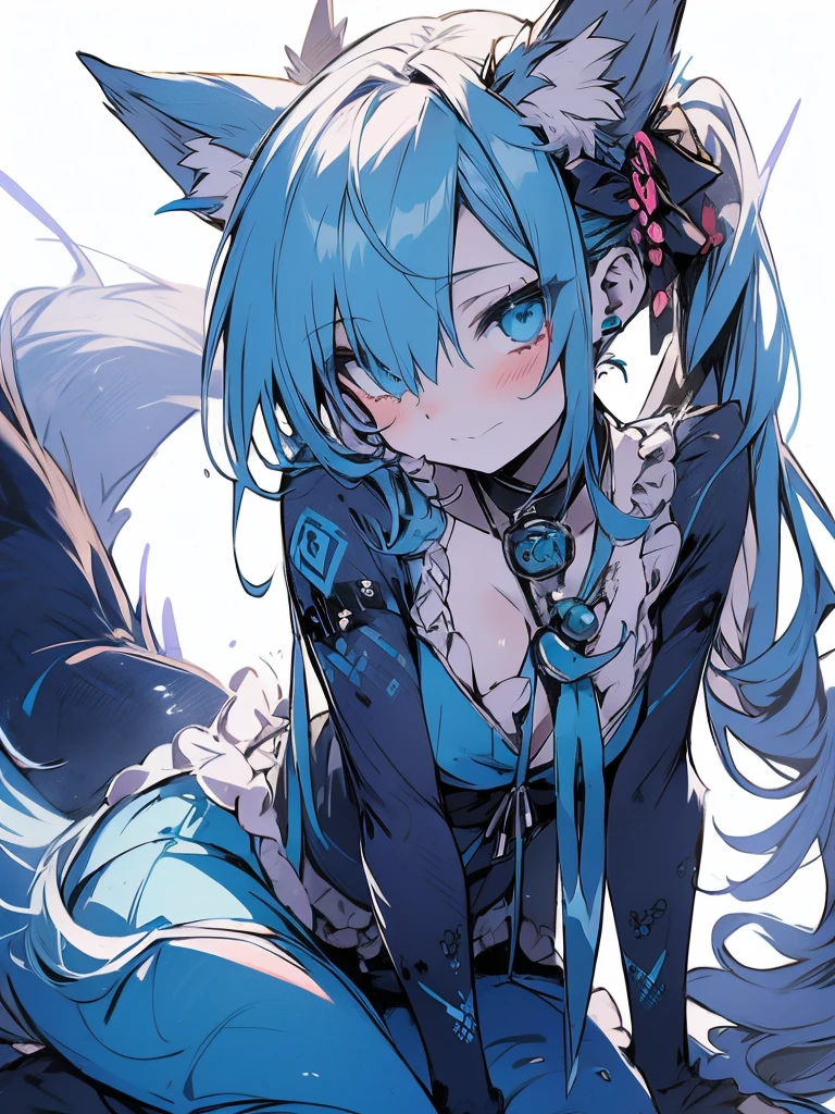 Miku Hatsune, add high definition_detail:1, blue fur,kitsune ears, tribal tattoo add_detail:1, in hell add_detail, batwigs agregar_detail Fer yokai kitsune add_detail:1