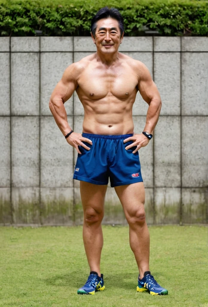 58-year-old Japanese male,Length 180cm,Weight 85kg,A little muscular,Former rugby player,I&#39;ve gained a little weight,Dignified,Wild look,smile,Short Hair,I wore shorts,Shoulders and arms are clearly visible,Neck and chest are clearly visible,Background is an elementary school classroom