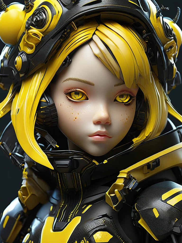 a close up of a doll with yellow hair and a black jacket, cyberpunk bee, insect trainer girl, epic 3 d abstract emo girl, cute detailed digital art, cyberpunk cyborg wasp, anime styled 3d, anime styled digital art, trending on deviant art, based on bumblebee, anime style digital art, human structure bee concept art, yellow eyes