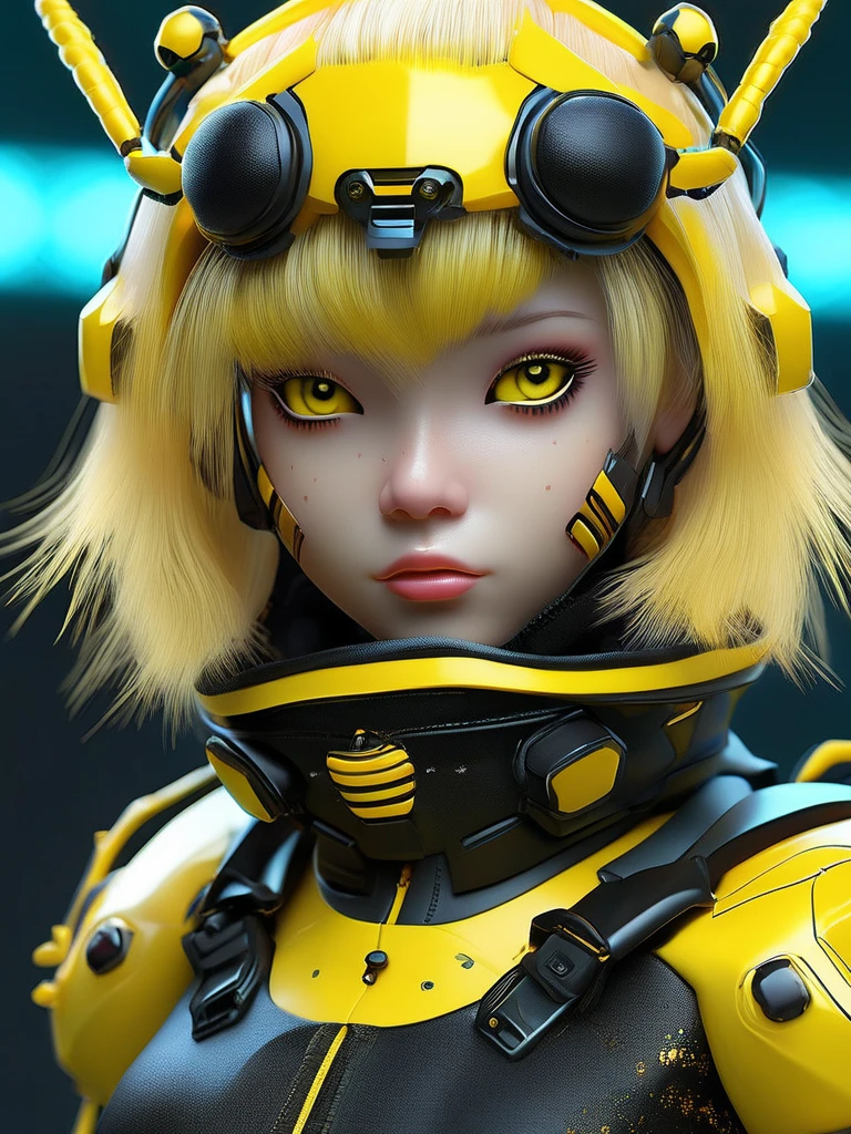 a close up of a doll with yellow hair and a black jacket, cyberpunk bee, insect trainer girl, epic 3 d abstract emo girl, cute detailed digital art, cyberpunk cyborg wasp, anime styled 3d, anime styled digital art, trending on deviant art, based on bumblebee, anime style digital art, human structure bee concept art, yellow eyes