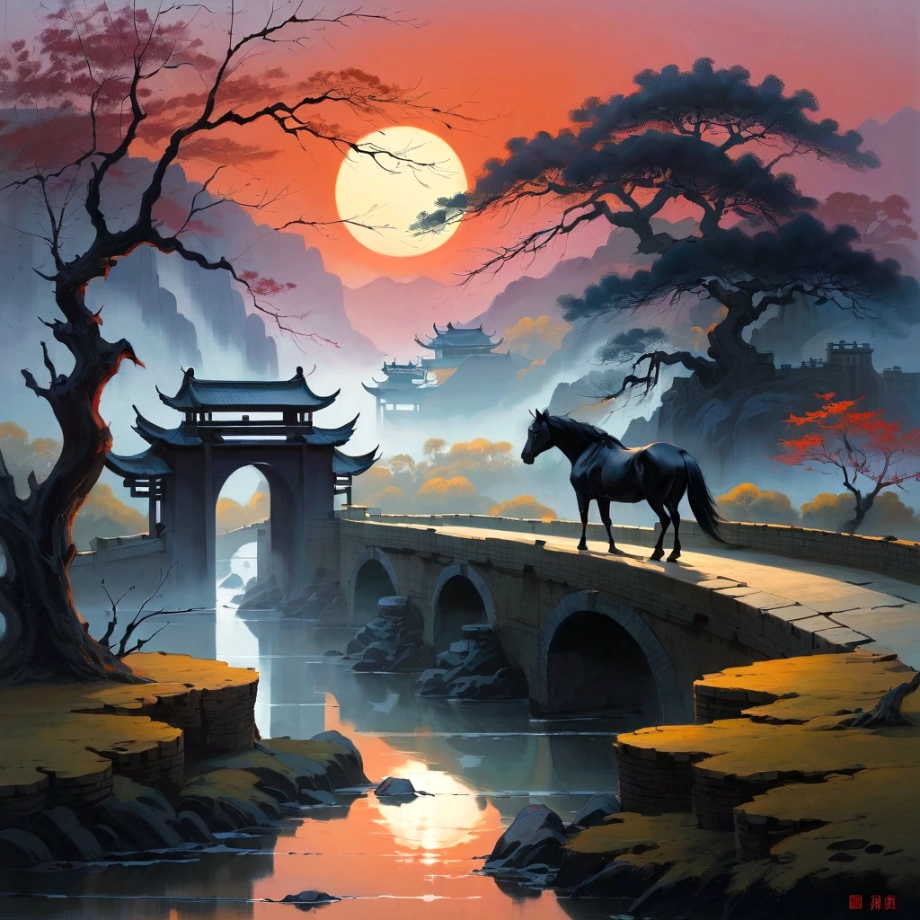 masterpiece, high quality, high resolution,8K, Chinese painting , Old trees, Withered vines, dusk, The crow cries, A small bridge, flowing water, Humble residence, a horse, A cold wind blows from the west, an ancient road,