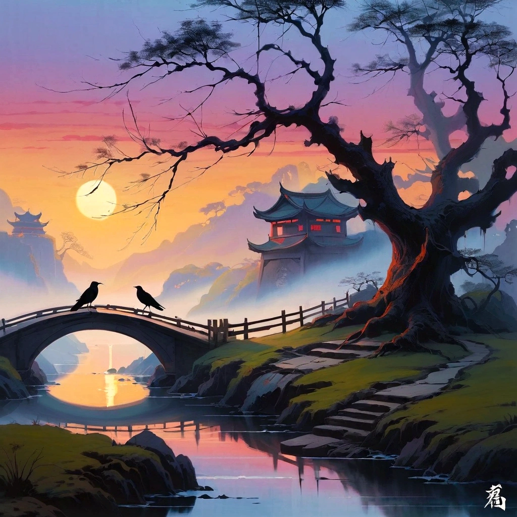 masterpiece, high quality, high resolution,8K, Chinese painting , Old trees, Withered vines, dusk, The crow cries, A small bridge, flowing water, Humble residence,  a horse, A cold wind blows from the west, an ancient road,