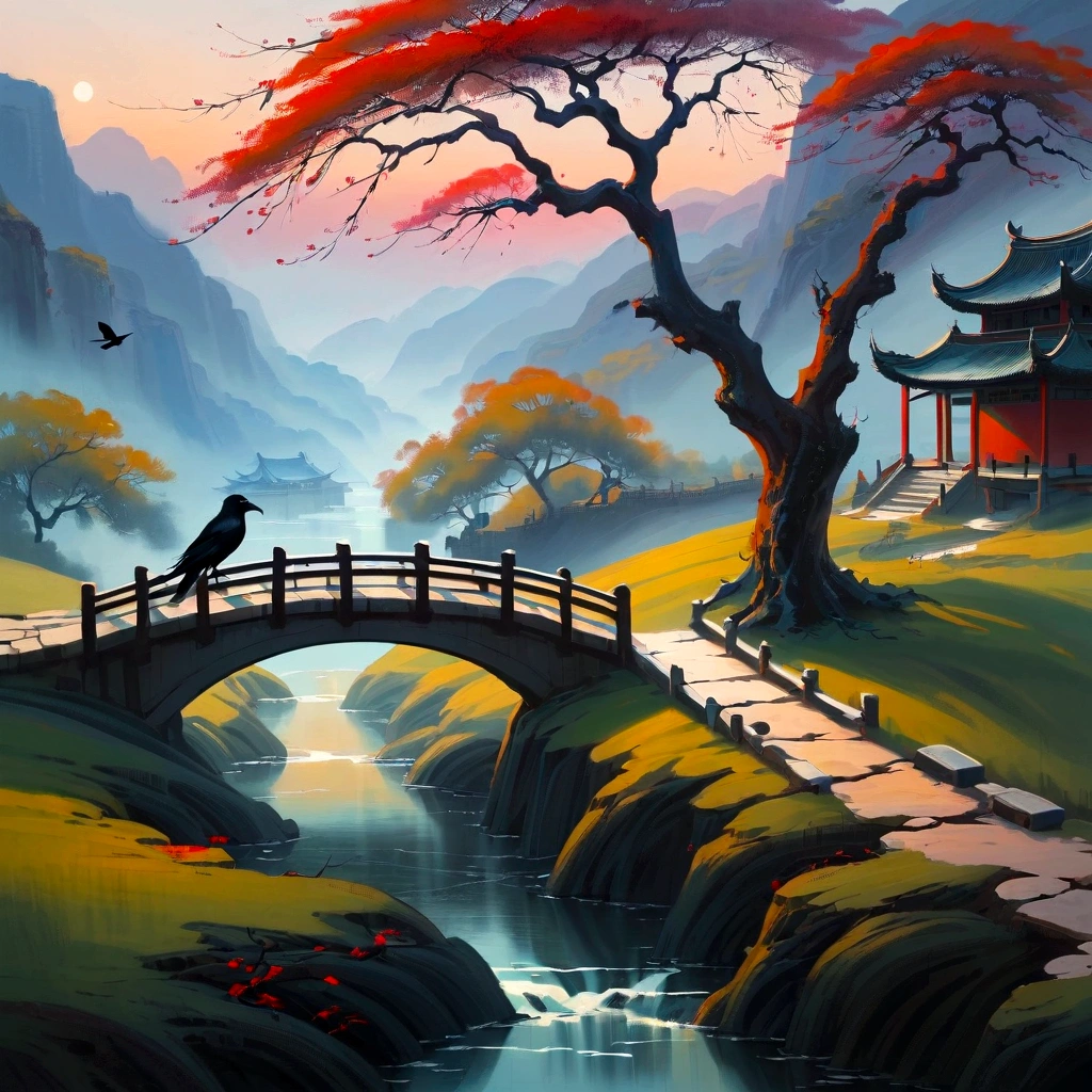 masterpiece, high quality, high resolution,8K, Chinese painting , Old trees, Withered vines, dusk, The crow cries, A small bridge, flowing water, Humble residence,  a horse, A cold wind blows from the west, an ancient road,
