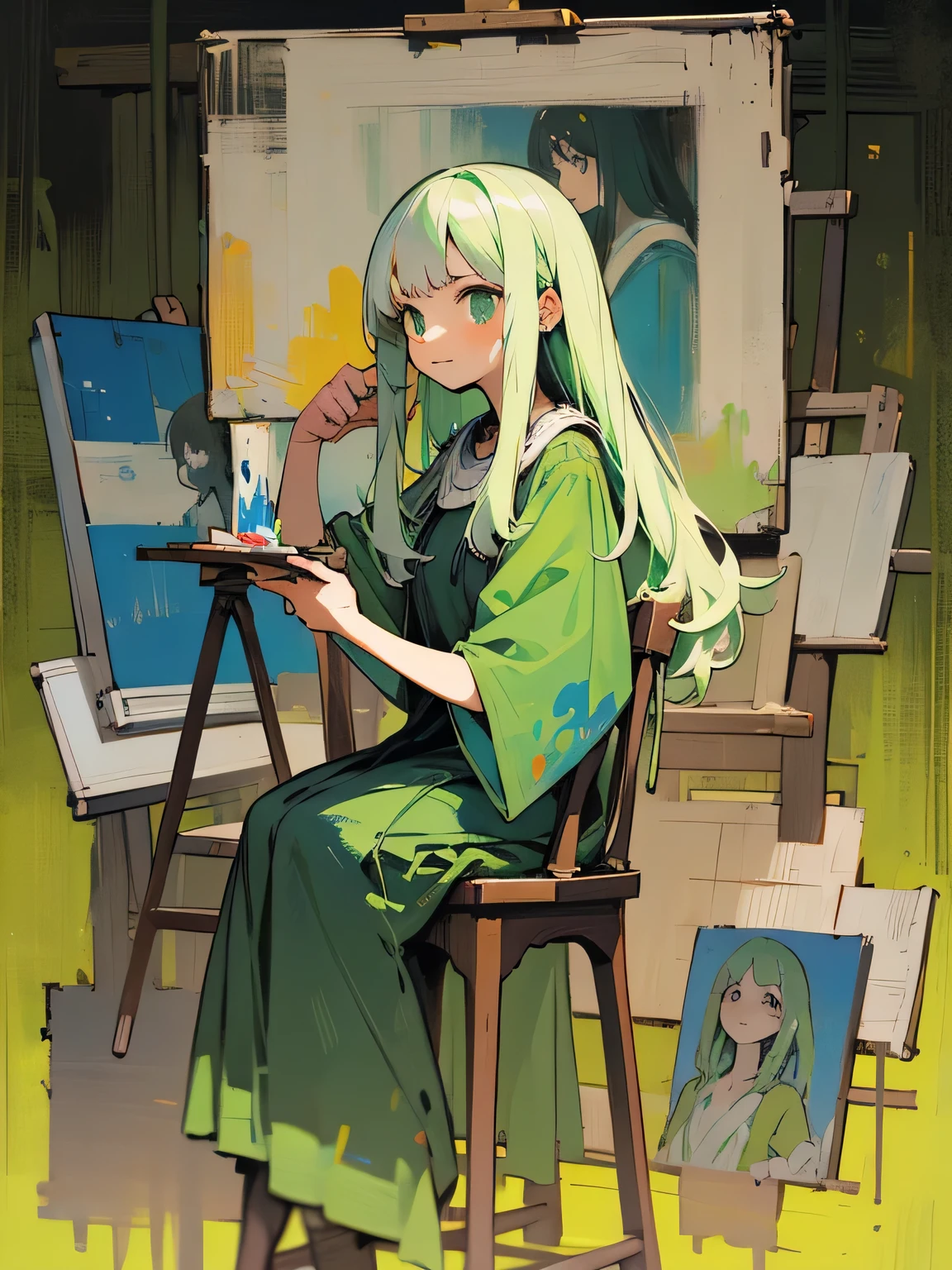 birdeyesview,solo, light pastel green color hair, long thin straight hair, light green dress, shy smile, stylish atelier, canvas, oil painting, paintbrush,adult women,Adding color to the canvas with a paintbrush, looking away, desperation, serious expression,sitting chair